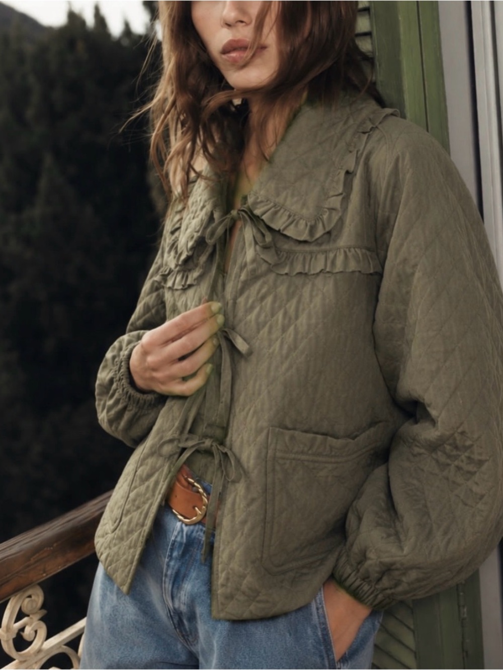 Avec Les Filles Quilted Ruffle Tie Front Jacket